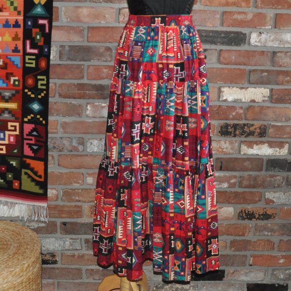 Vtg 80s Sherry Holt Desert West Multi Color Southwestern Tiered Skirt XS-S - Picture 3 of 6